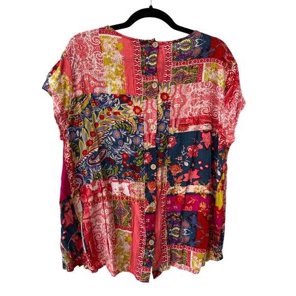 Jones and Co Blouse Size 1X Short Sleeve Floral Patchwork Button Back Bohemian - Picture 2 of 6